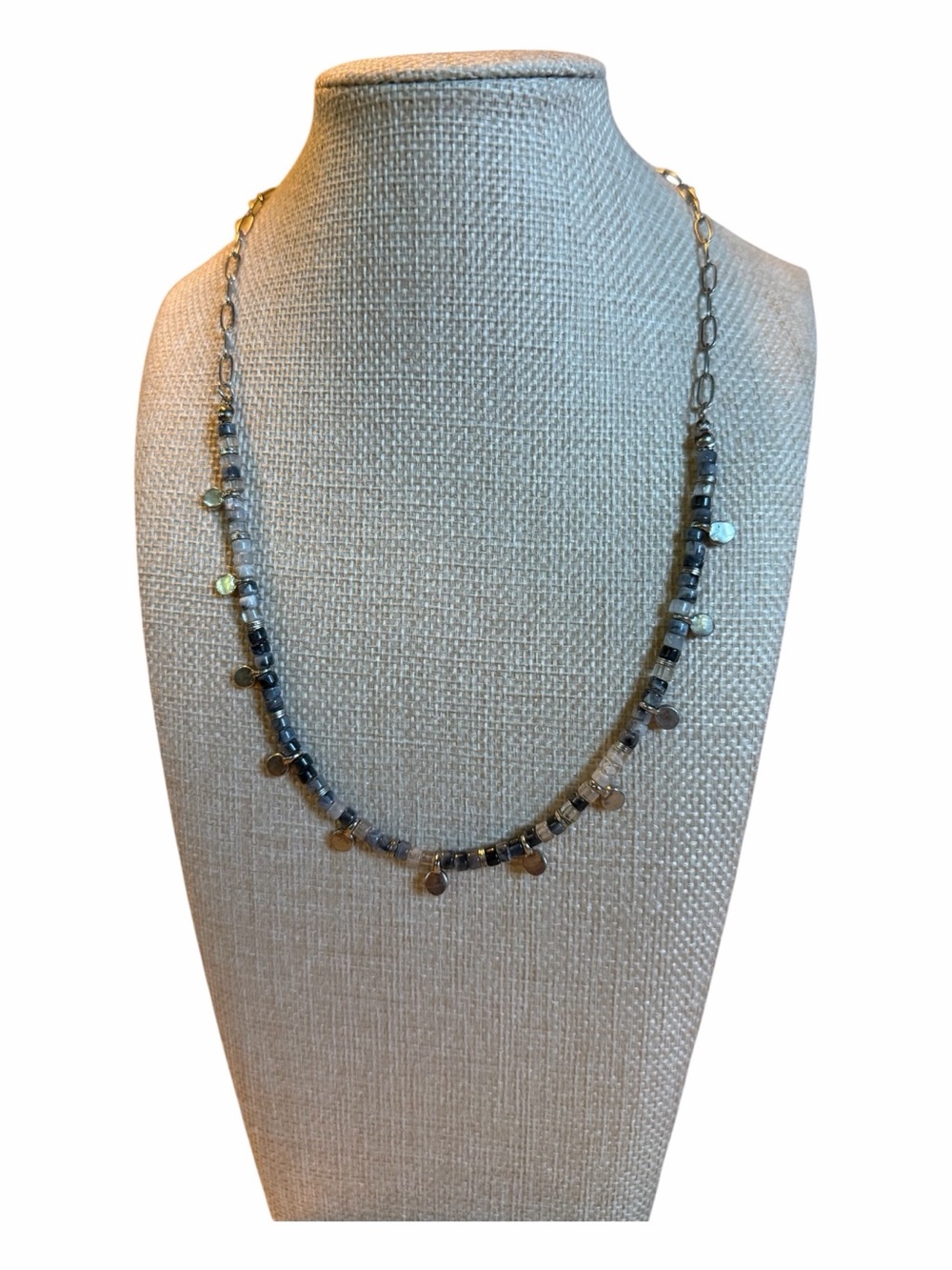Blue and Gray Stone Necklace with Silver Disc Accents and Adjustable Clasp